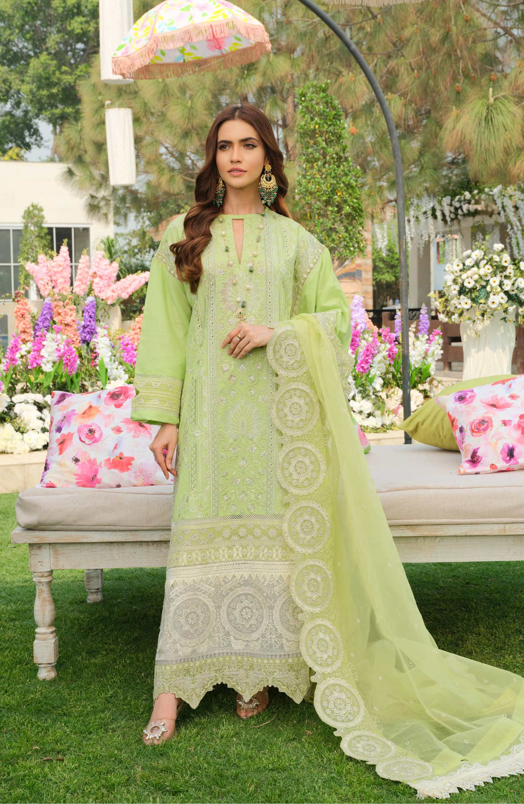 casual green midi dress Light Green Georgette Plain Gown With Printed Dupatta Set – Niharika Fashion main image 1