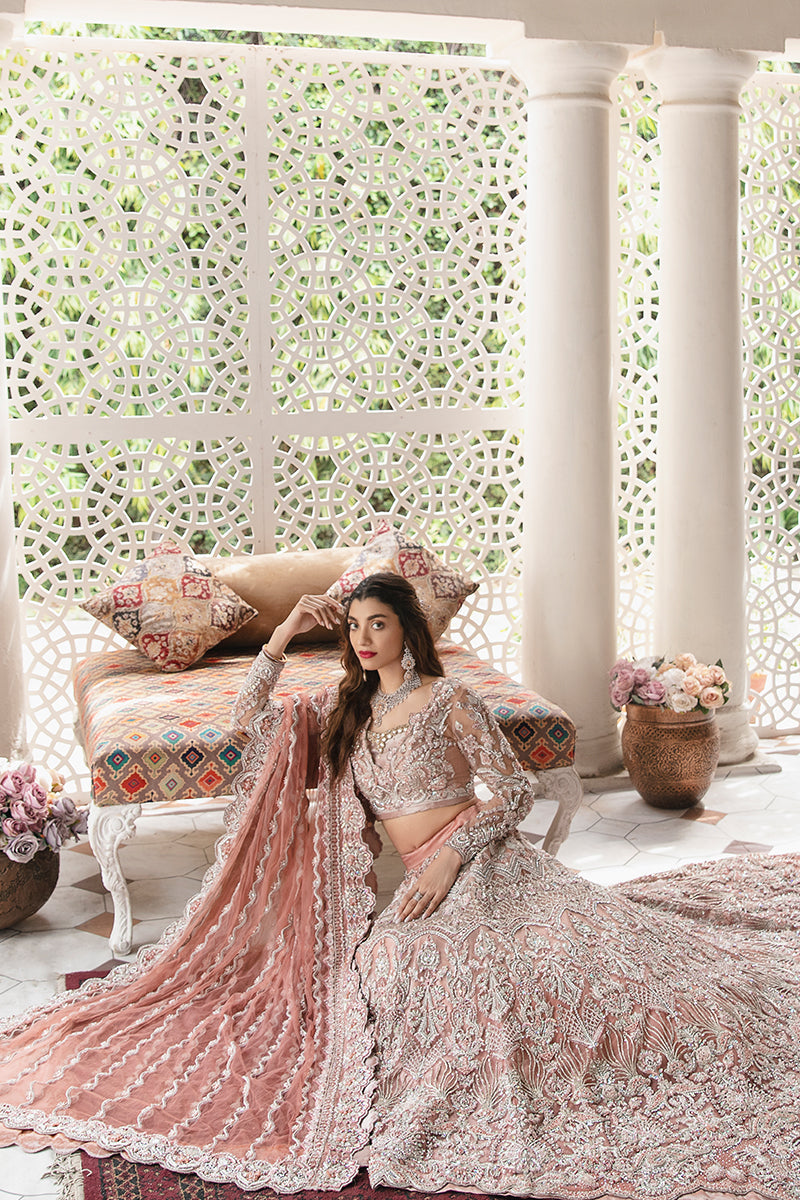Peach Long Tail Pakistani Bridal Lehenga with Choli & Dupatta