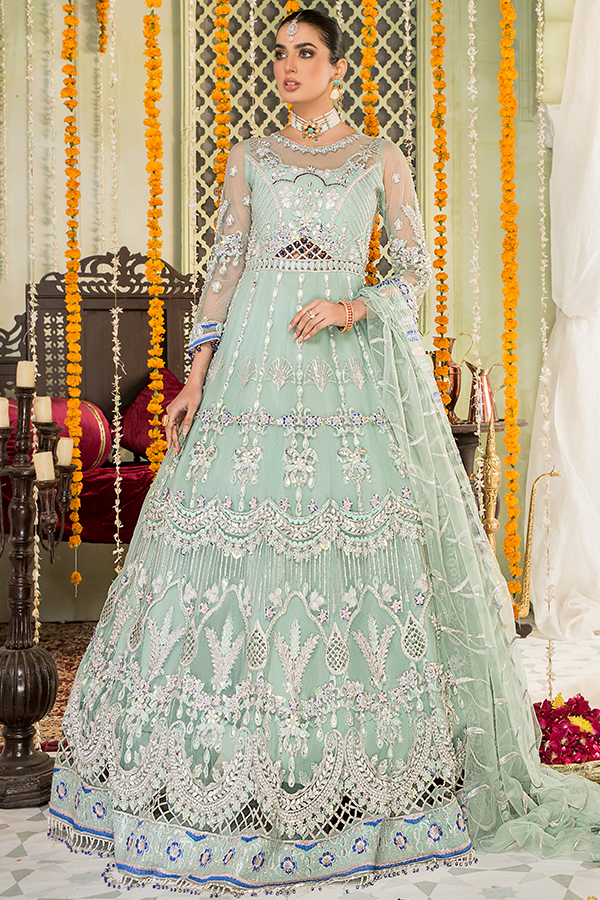 Elegant Mint Green Pakistani Dress with Pishwas Online 2022 Nameera by Farooq