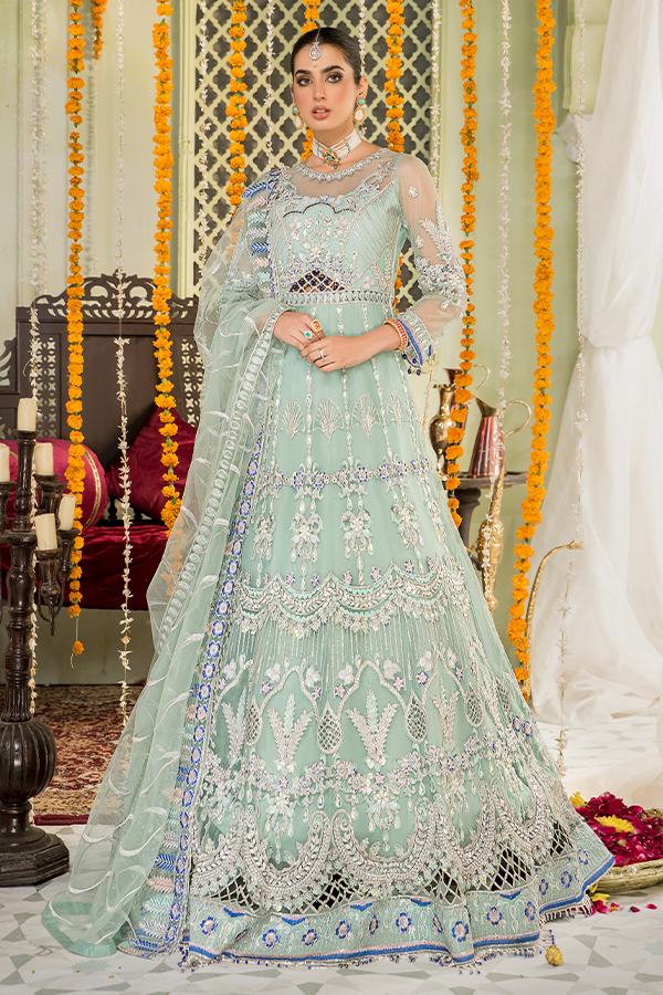 Elegant Mint Green Pakistani Dress with Pishwas