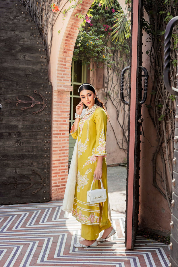 Elegant Mustard Embroidered Kameez Trouser Pakistani Eid Dress