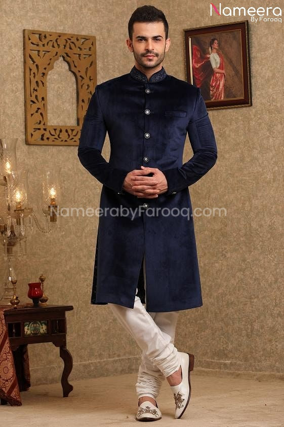 Elegant Navy Blue Sherwani for Wedding Online Front Look