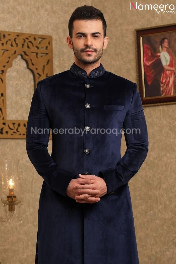 Elegant Navy Blue Sherwani for Wedding Online Close Up View