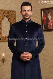 Elegant Navy Blue Sherwani for Wedding Online Close Up View