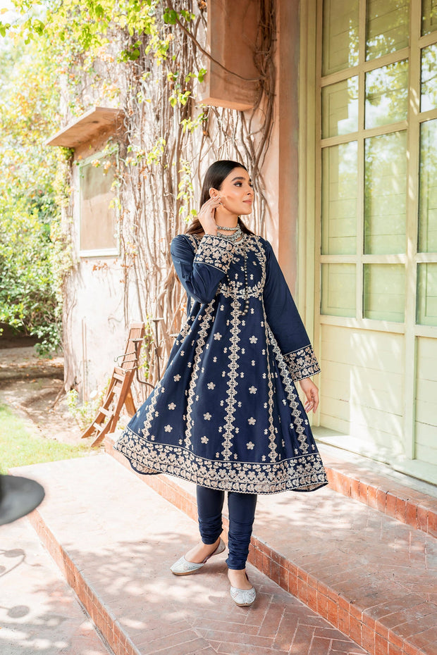 Elegant Pakistani Blue Dress in Frock Trouser Style for Eid