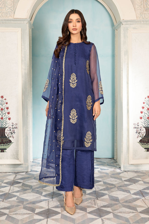 Elegant Pakistani Blue Dress in Kameez Trouser Style