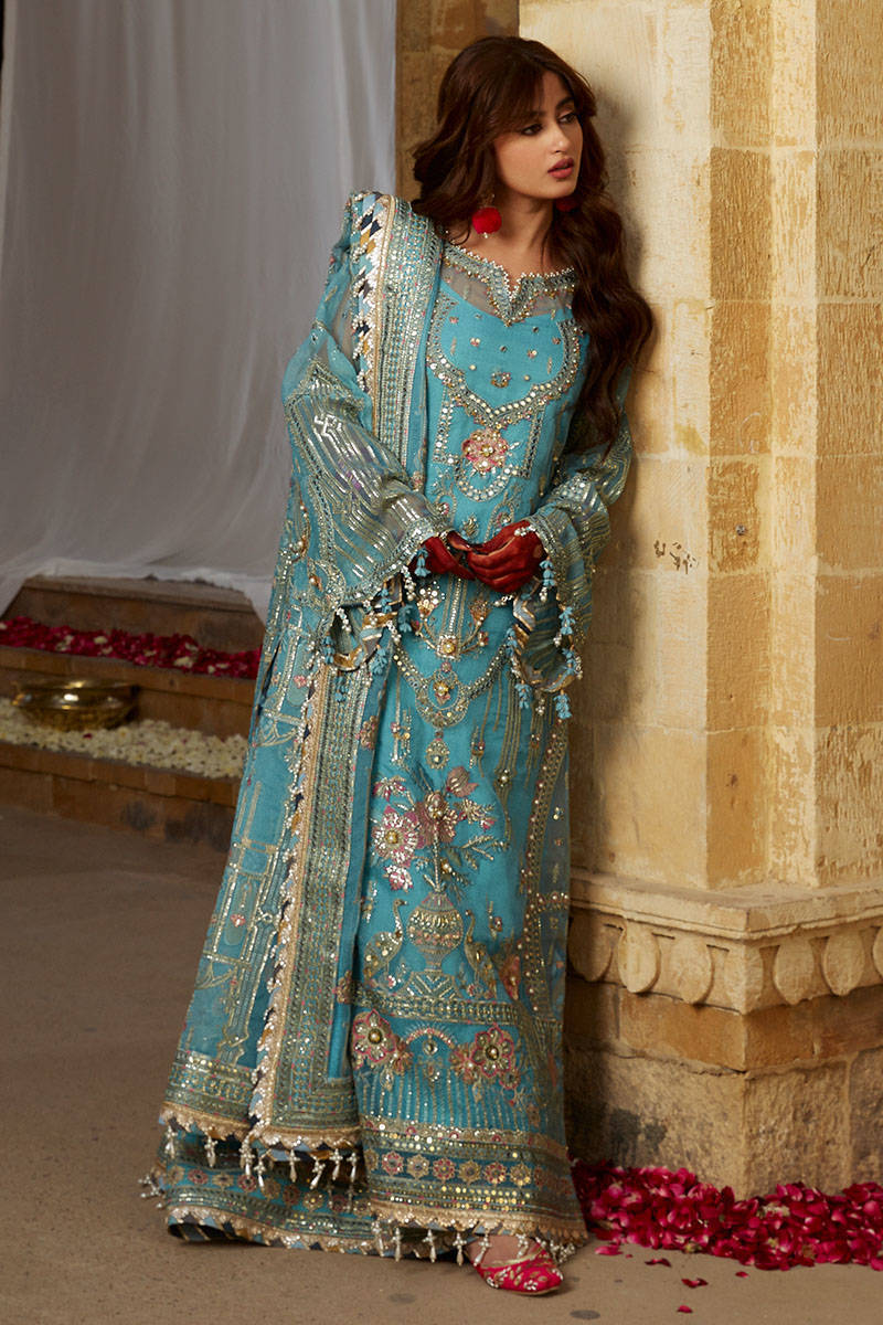 Elegant Pakistani Blue Dress in Wedding Kameez Trouser Style
