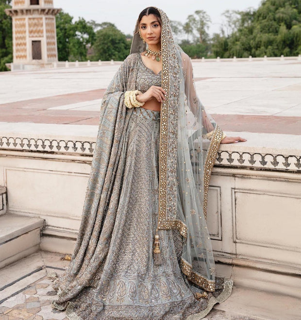 Elegant Pakistani Blue Lehenga Choli and Dupatta Dress – Nameera by Farooq