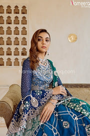 Elegant Pakistani Bridal Dress in Blue Color Online Closeup View