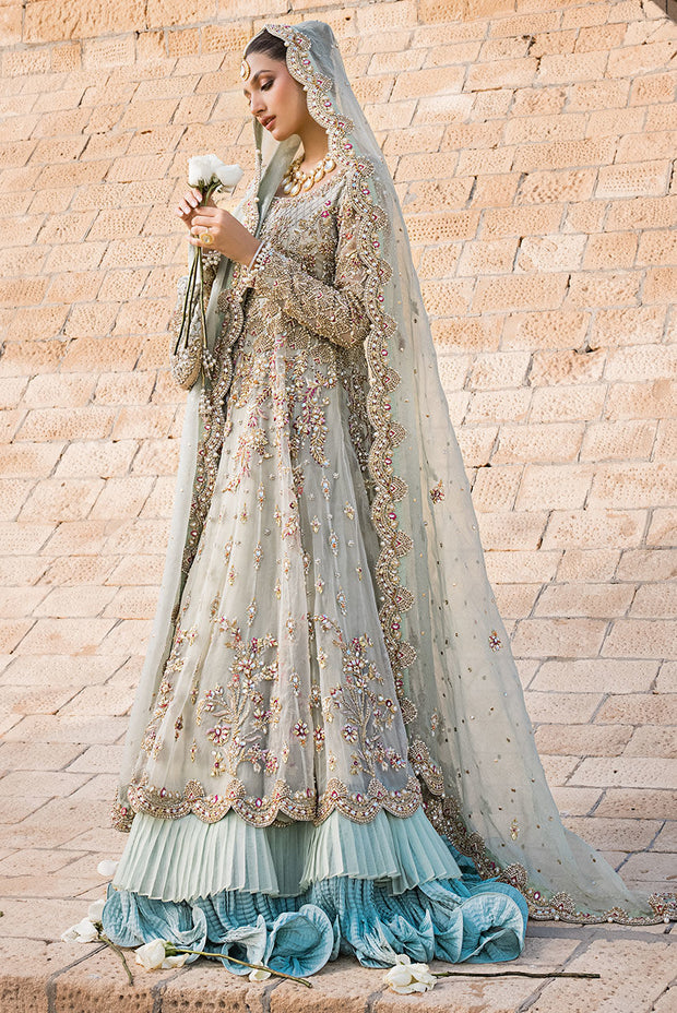 Elegant Pakistani Bridal Dress in Crushed Lehenga Frock Style