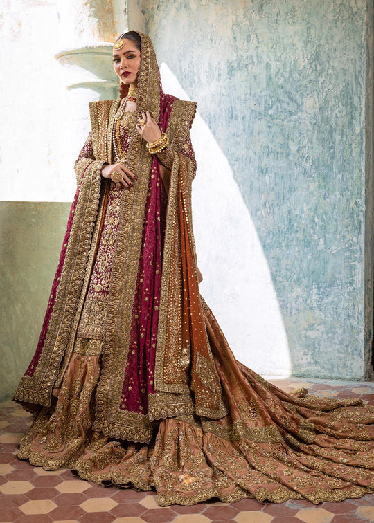 Elegant Pakistani Bridal Dress in Embellished Kameez with Farshi Lehenga and Double Dupattas Style