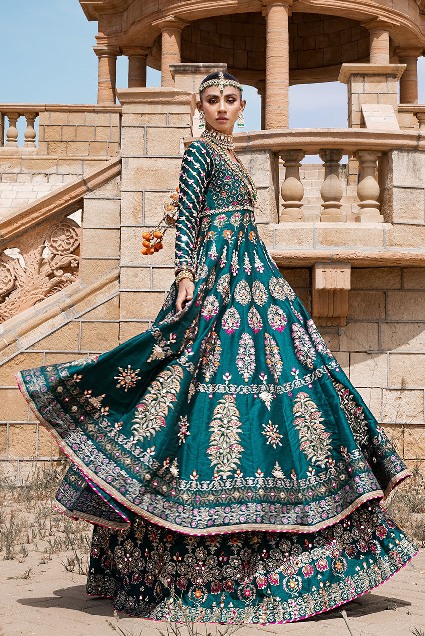 Elegant Green Pakistani Bridal Dress & Lehenga Frock Style