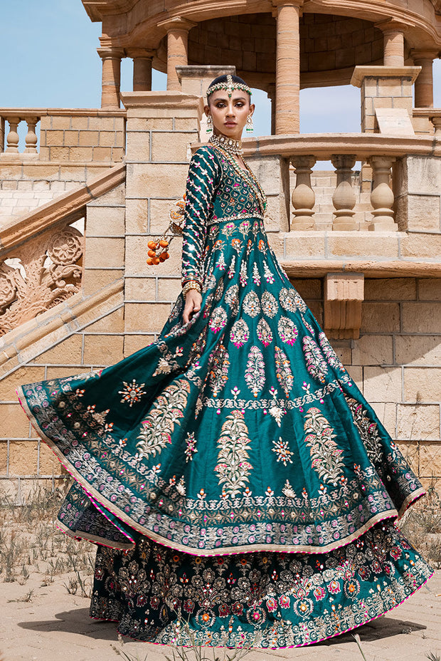 Elegant Pakistani Bridal Dress in Green Lehenga Frock Style