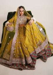 Elegant Pakistani Bridal Dress in Open Pishwas Frock with Wedding Lehenga and Net Dupatta Style