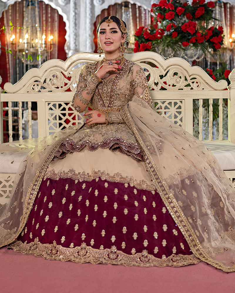 Elegant Pakistani Bridal Dress with Peplum & Lehenga