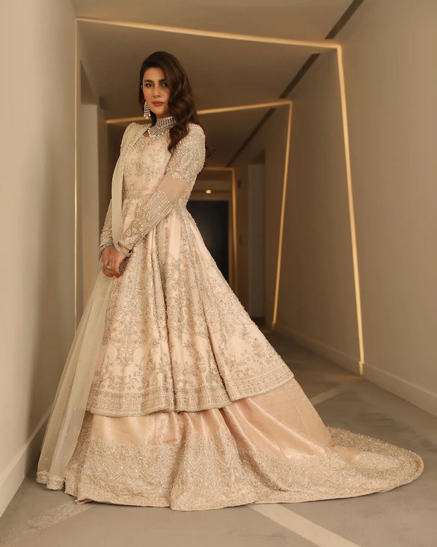 Elegant Pakistani Bridal Frock with Tail Lehenga Dress