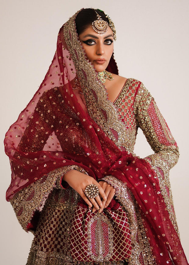 Elegant Pakistani Bridal Gown in Open Style with Red Lehenga and Organza Dupatta Dress for Wedding