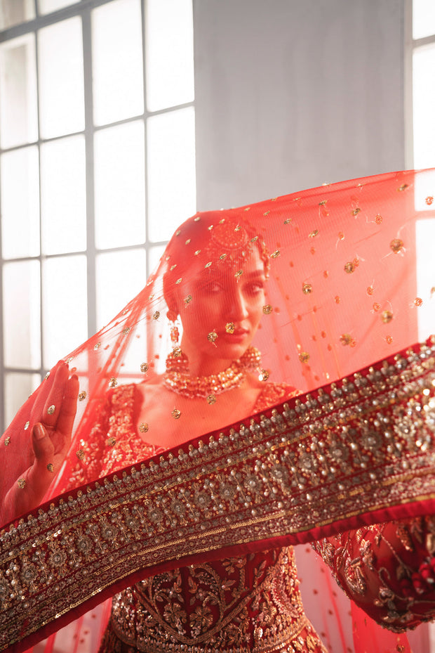 Elegant Pakistani Bridal Gown with Red Lehenga and Dupatta