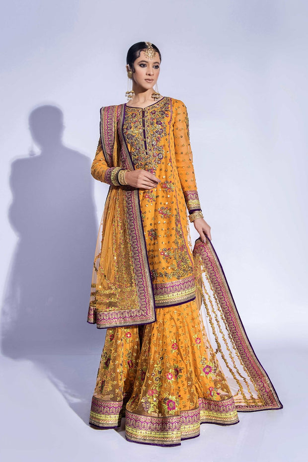 Elegant Pakistani Bridal Mehndi Dress in Gharara Kameez Style