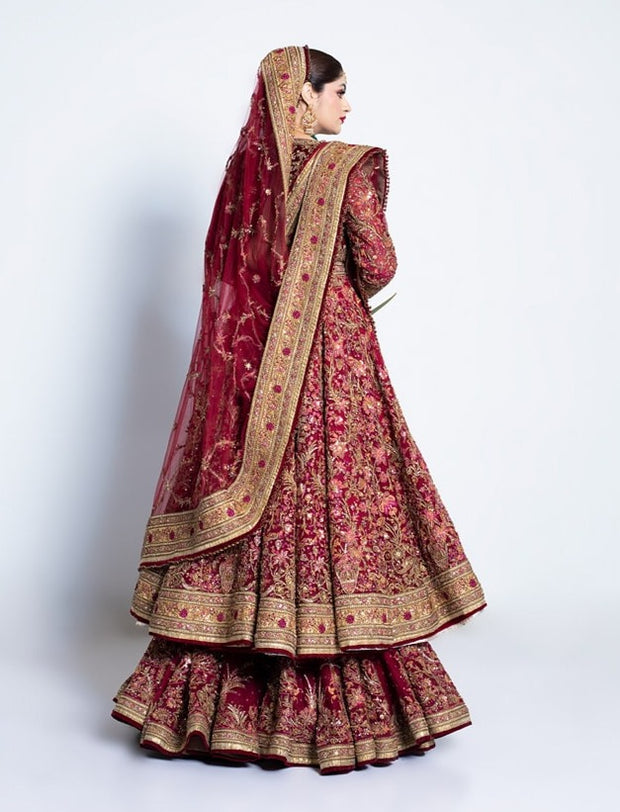 Elegant Pakistani Bridal Pishwas Frock with Red Sharara Dress