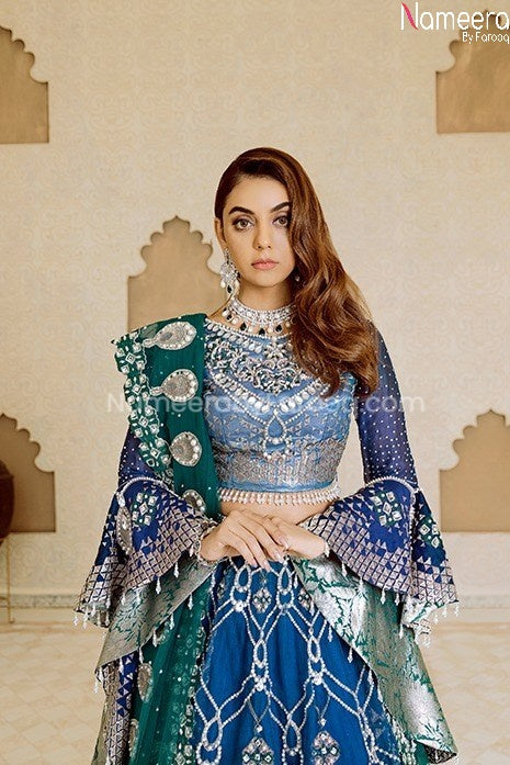 Elegant Pakistani Bridal Dress in Blue Color Online Closeup View
