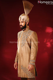 Elegant Pakistani Golden Sherwani for Groom Front Look