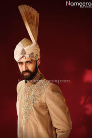 Elegant Pakistani Golden Sherwani for Groom 2021 Close up