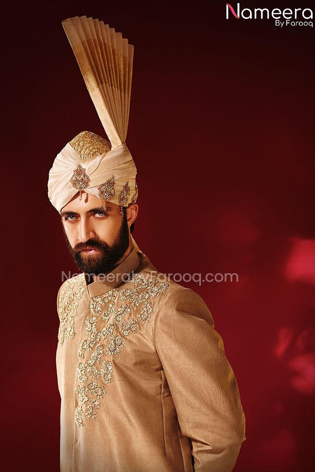 Elegant Pakistani Golden Sherwani for Groom 2021 Close up