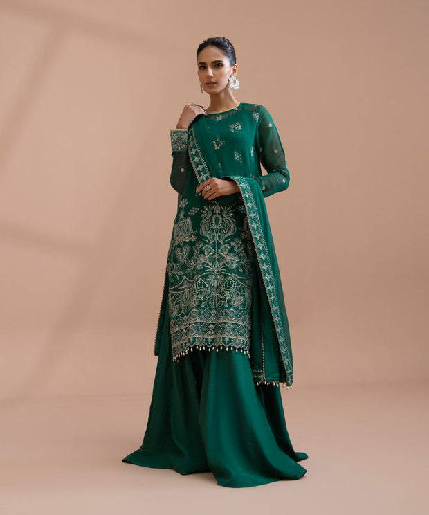 Elegant Pakistani Green Dress in Kameez Trouser Style for Eid