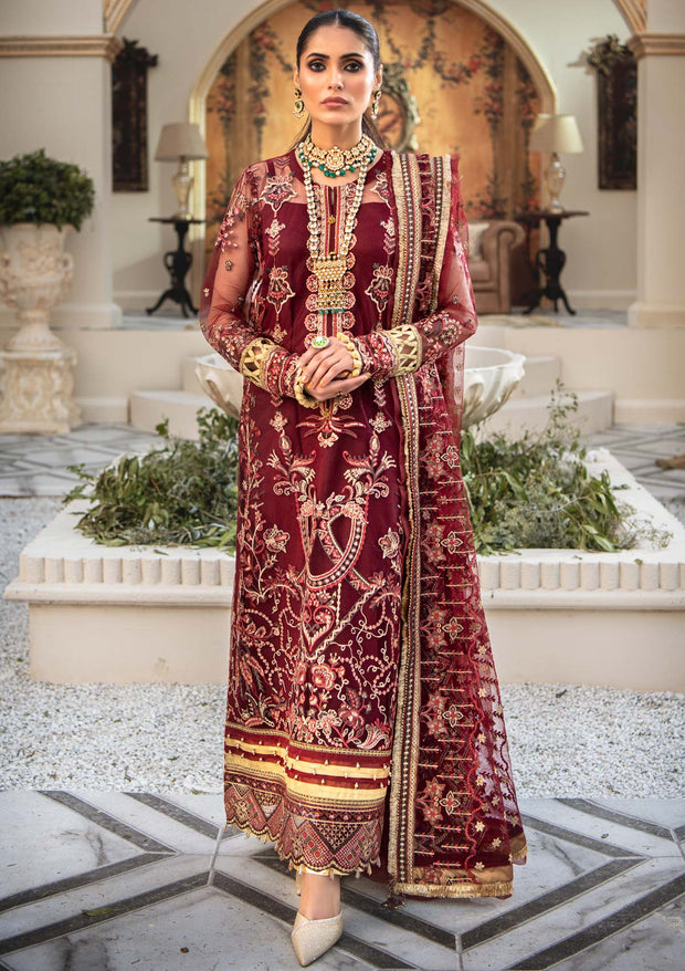 Elegant Pakistani Long Dress in Iconic Red Shade Online – Nameera by Farooq