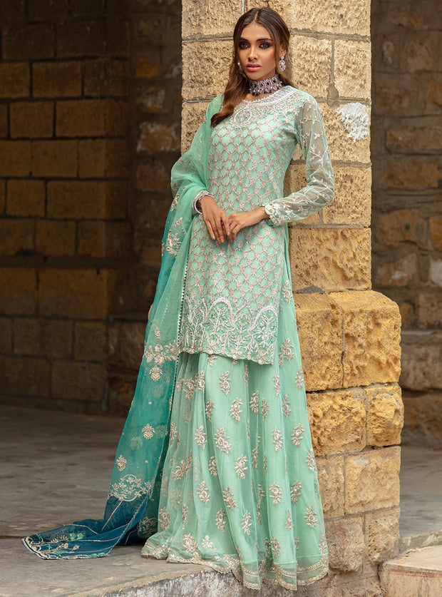Elegant Pakistani Maxi Dress In Mint Green Color Online Nameera by Farooq Elegant Pakistani Maxi Dress In Mint Green Color Online Nameera by Farooq