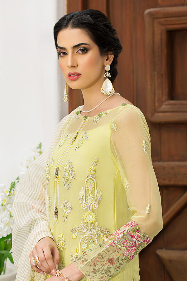 Elegant Pakistani Party Dress in Embroidered Kameez Trouser and Dupatta Style in Premium Chiffon