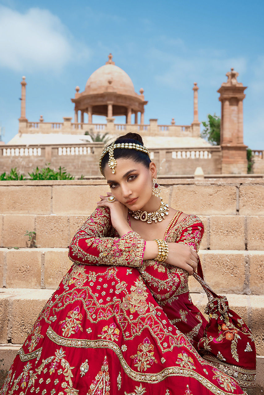 Pakistani Red Bridal Dress - Raw Silk Gown Style