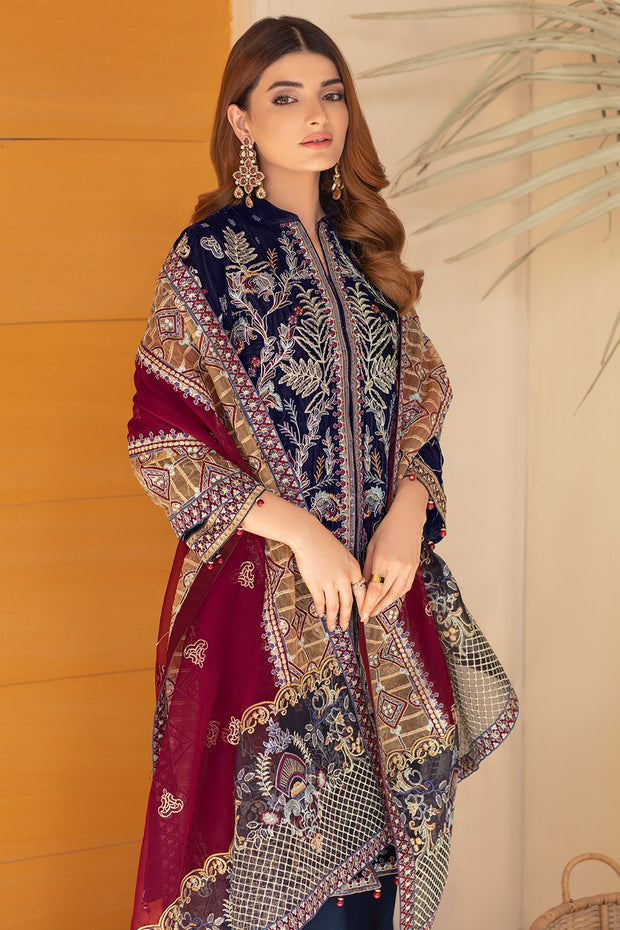 Elegant Pakistani Velvet Dress in Blue Shade Designer