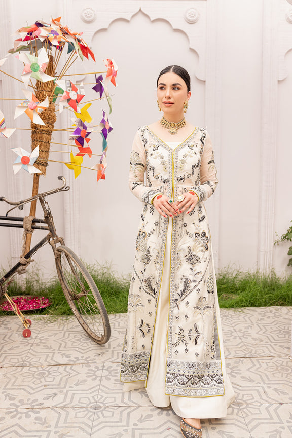Elegant Pakistani White Dress in Sharara Kameez Style