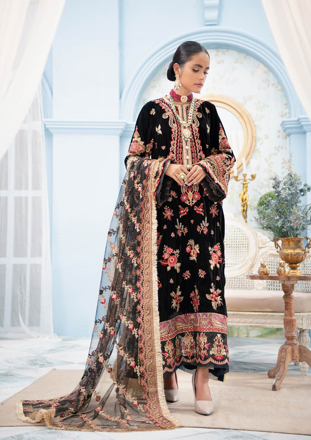 Elegant Party Dress Pakistani in Black Velvet Designer