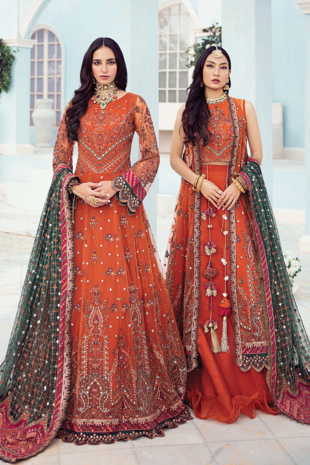 Elegant Party Wear Pakistani Long Dress in Rust Shade
