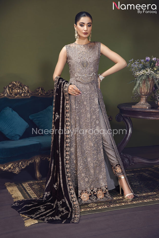 Elegant Pishwas Dress Pakistani is Grey Shade Designer