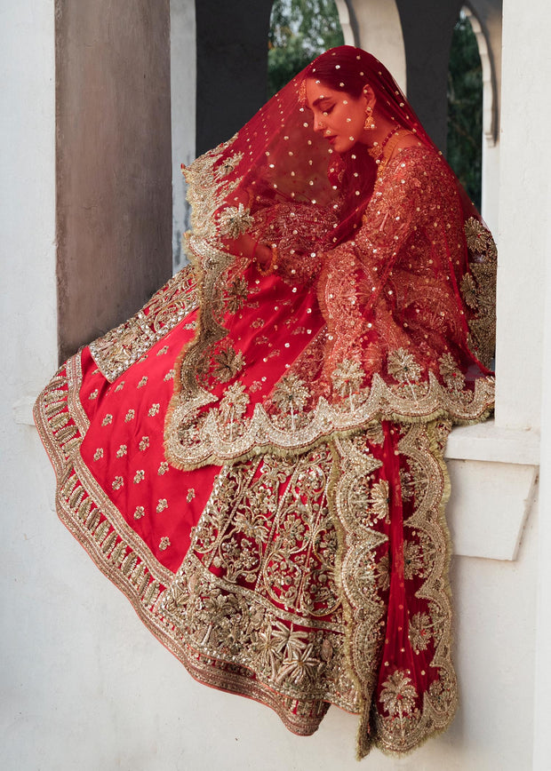 Elegant Pishwas Frock Dupatta and Silk Lehenga Red Bridal Dress