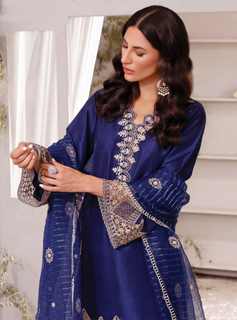 Elegant Raw Silk Blue Salwar Kameez Pakistani Eid Dress Online ...
