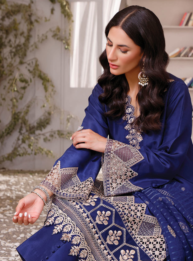 Elegant Raw Silk Blue Salwar Kameez and Dupatta Pakistani Eid Dress