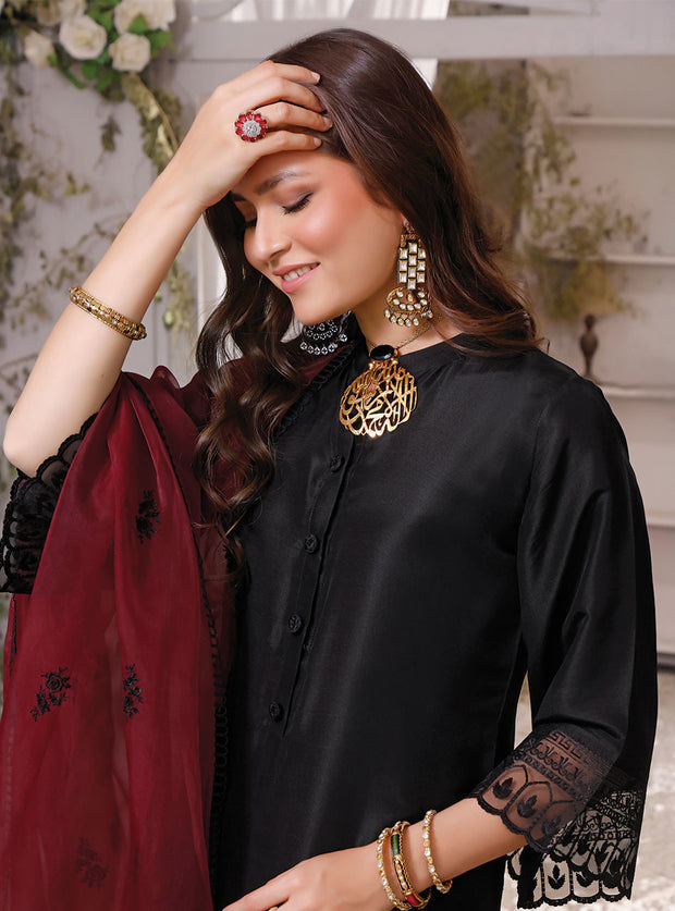 Elegant Raw Silk Kameez Trouser Pakistani Eid Dress in Black