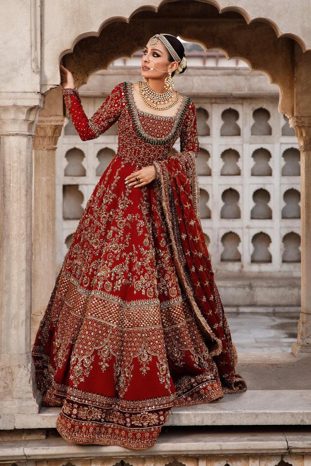Elegant Red Bridal Dress Pakistani in Royal Pishwas Frock Style