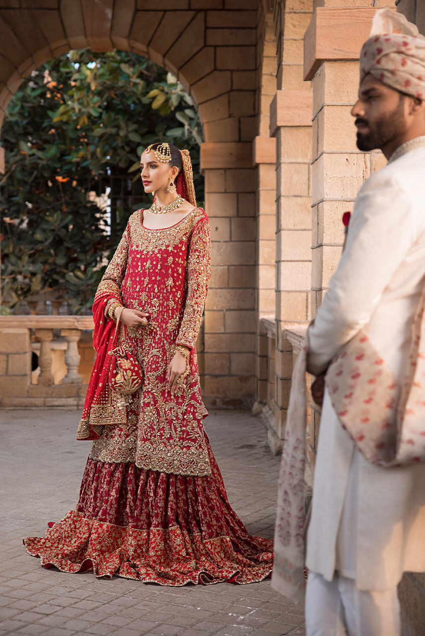 Elegant Red Pakistani Bridal Lehenga Kameez & Dupatta Set