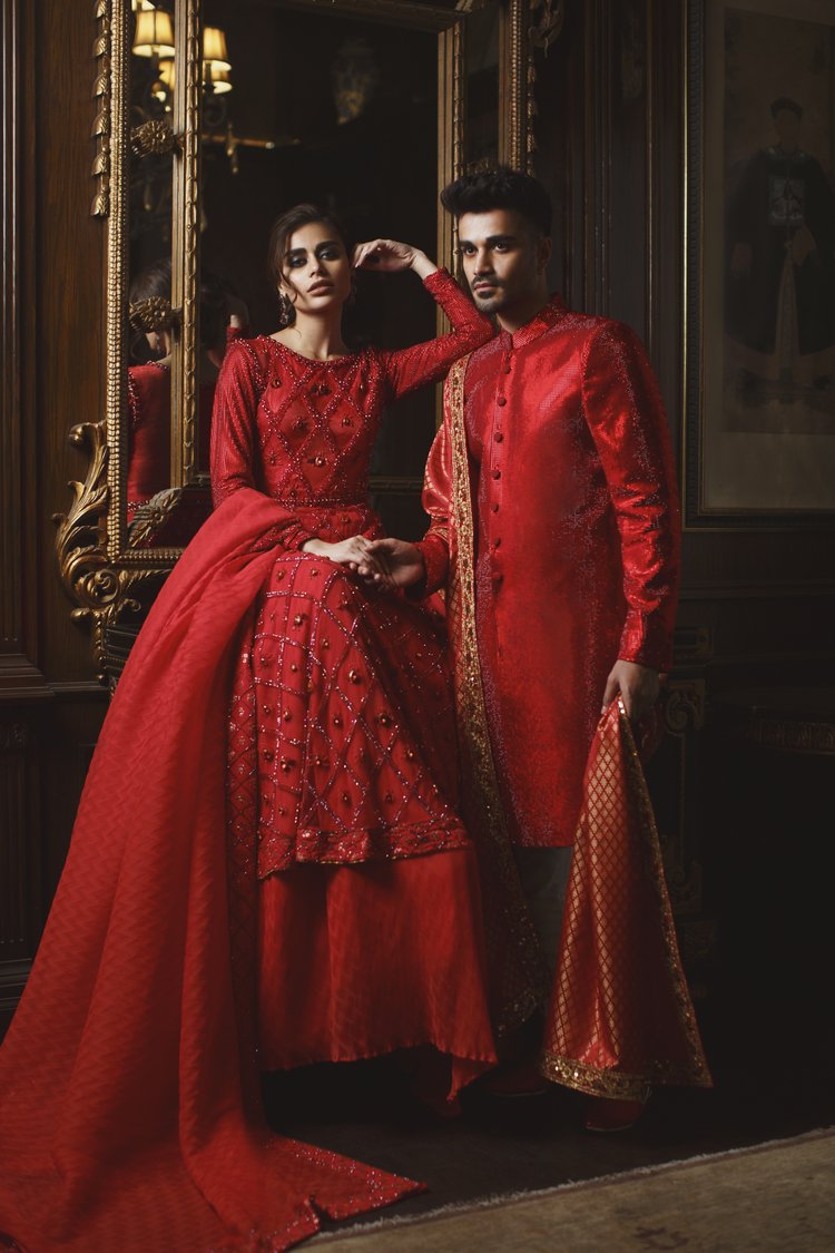Stunning Red Pakistani Bridal Lehenga Gown with Dupatta