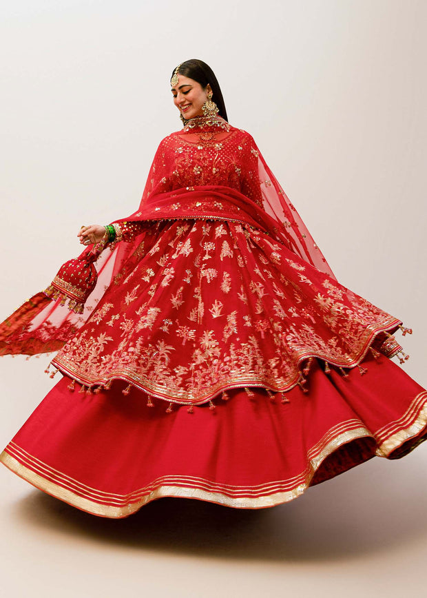 Elegant Red Pakistani Bridal Dress in Pishwas and Sharara Style