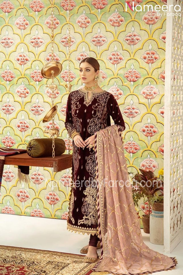 Elegant Red Velvet Pakistani Long Dresses 2021