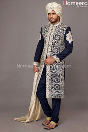 Elegant Sherwani for Men in Navy Blue color 2021 Overall Look