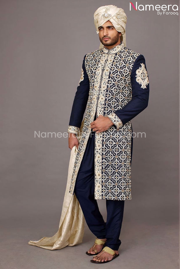Elegant Sherwani for Men in Navy Blue color 2021 Online Nameera