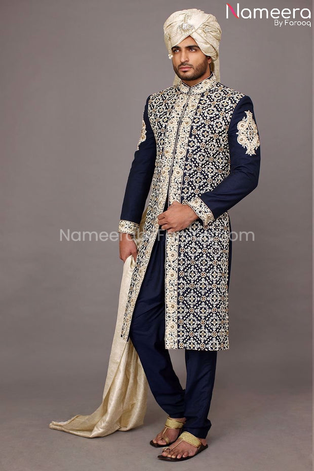 Elegant Sherwani for Men in Navy Blue color 2021 Overall Look
